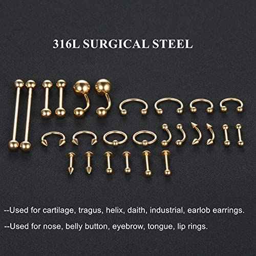 58PCS Body Piercing Kit Surgical Steel 14G 16G BCR CBR Labret Lip Rings Cartilage Daith Earrings Belly Button Rings Nose Septum Piercing Jewelry Needles Gloves Clamps Tools