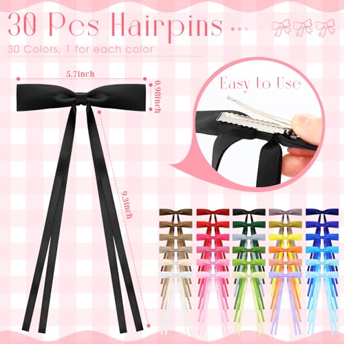 Mimorou 30 Pcs Hair Bow Clips Bulk Ribbon Bowknot Satin Tassel Hair Clips Barrettes Accessories with Long Tail for Women Girls
