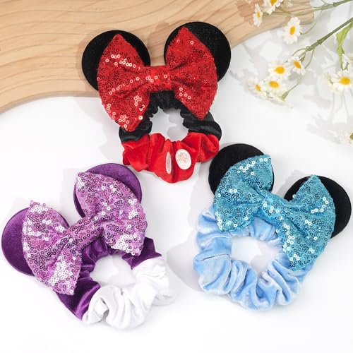 6 Pack Mouse Ears Scrunchies Velvet Sparkle Sequin Mouse Bows Hair Scrunchies Hair Ties Elastic Rubber Bands Ponytail Holders for Kids Women Girls Christmas Party Decoration