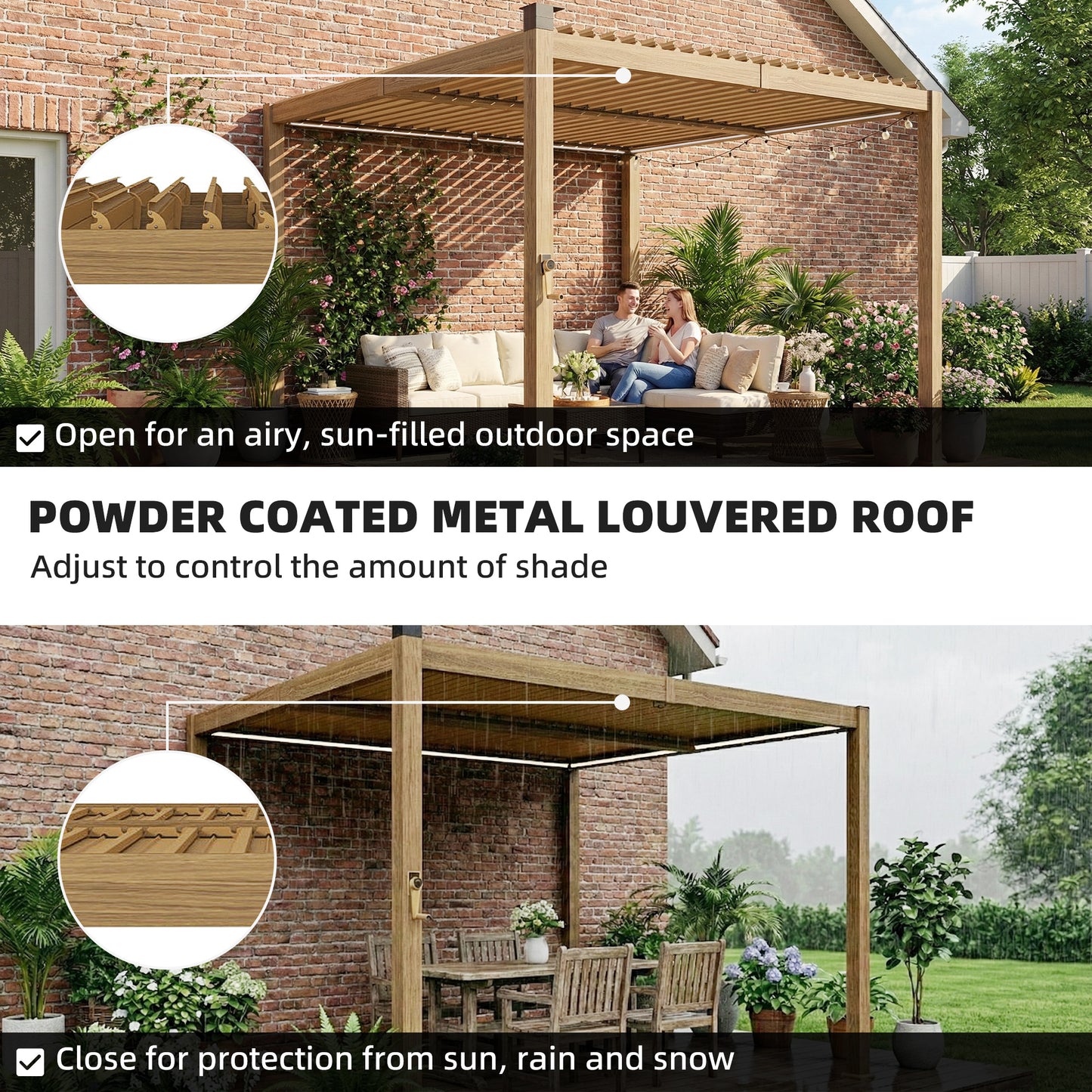 10x10 Louvered Pergola with Solar LED Lights & Metal Roof - Brown