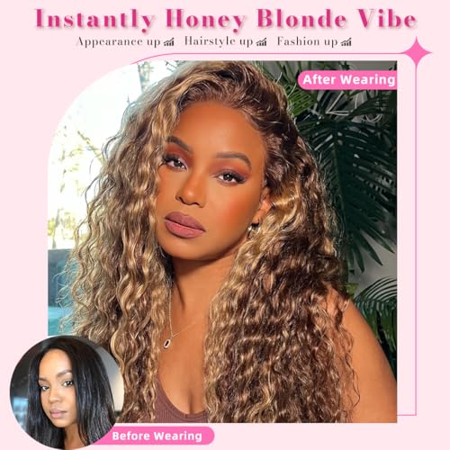 16Inch Highlighted Deep wave Lace Front Wig Human Hair Honey Blonde Highlight Deep Wave Wigs Human Hair 4/27 Curly Highlighted Wig for Black Women Pre-Plucked 180% Ombre Curly Wigs Glueless