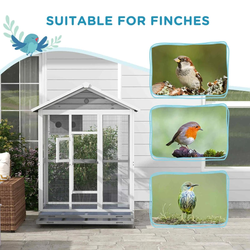 Wooden Bird Cage Aviary with Perches Nest and Slide-Out Tray - Indoor Outdoor Gray