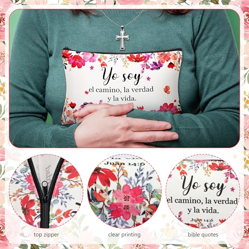24 Pcs Spanish Christian Gift Set - 12 Women Makeup Bags Bulk & 12 Butterfly Keychains Inspirational Bible Verse Cosmetic Bags Religious Gifts for Women Regalos Religiosos Para Mujer En Espa?ol