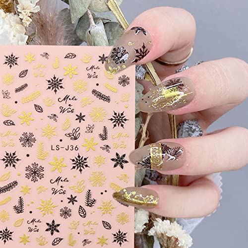 4 Sheets Christmas Nail Stickers Snowflake Nails Black Gold Christmas Nail Art Decorations Winter Snow Flake Elk Abstract French Self-Adhesive Design Nail Art Decals for Women New Years Nail Supplies