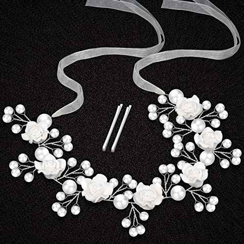 Wedding Hair Accessories for Kids, Princess Headpiece White Flower Headband with Pearls for Communion