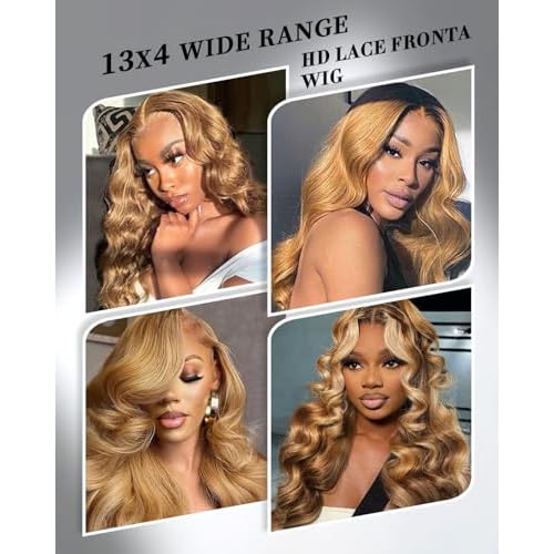 Honey Blonde Lace Front Wigs Human Hair 13x4 HD Transparent Lace Frontal Wigs Body Wave Colored 27 Honey Brown Wavy Wig Pre-Plucked Hairline 180% Density 24 inch