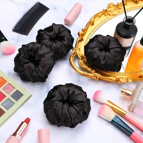 4 Pcs Satin Hair Bun Donut Satin Hair Bun Maker Dark Retain Moisture Easy to Style for Women Ladies Military Ballet and Business(Black)