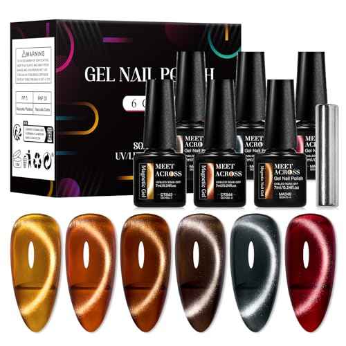 MEET ACROSS Amber Cat Eye Gel Polish Set Brown Glitter Gel Polish Kit Nude Cat Eye Gel Nail Polish Magnet Translucent Soak Off UV Cateye Nail Polish with Magnet Fall and Winter Gifts