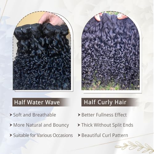 Pixie Curly Bundles Human Hair Water Wave Human Hair Bundles 16 18 20 Inch Kinkycurly Bundles 3c4a Quick Weave Water Wave with Spiral Curly End 100% Raw Virgin Hair Extensions 3pcs Wavy Natural Black