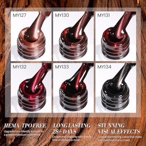 BORN PRETTY Cat Magnetic Eye Gel Nail Polish,Jelly Glass Crystal Brown Burgundy Wine Bloody Red Black Magnetic Gel Polish,Fall Winter Glitter Soak Off Nail Polish Art Salon Manicure Home Gift 7ML 6pcs