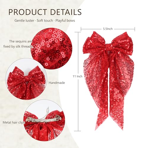 3PCS Big Bowknot Hair Clips Large Sequin Hair Bows Glitter Clips Soft Satin Silky Bowknot with long Tail Hair Bows Clips for Women and Girls Hair Accessories (rose red,red,green)