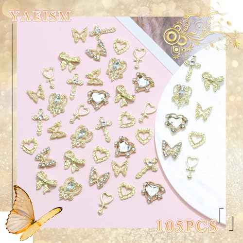 105PCS Y2K Nail Charms 3D Silver Gold Nail Charms Shiny Butterfly Charms for Women Nail Art