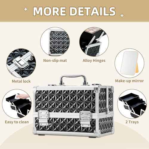 Leeora&Leekoo Makeup Train Case with Lighted Mirror,Portable Makeup Box Organizer (Black)