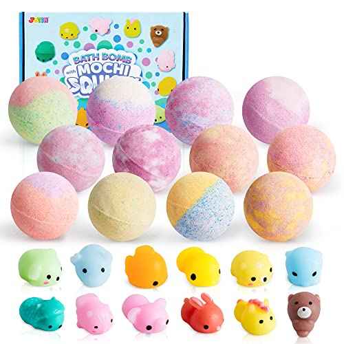 JOYIN Big Bath Bombs for Kids with Mochi Toy, 12 Pack Bubble Bath Bombs with Surprise Toy Inside, Natural Essential Oil SPA Bath Fizzies Set, Party Favors for Boys Girls Birthday Gifts