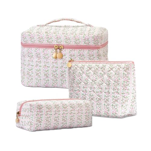 3Pcs Quilted Floral Makeup Bag Cosmetic Bag for Women Teen Girls,Cute Pink Make Up Bags,Aesthetic Large Cotton Cosmetic Pouch,Flower Coquette Travel Toiletry Organizer Storage Bag