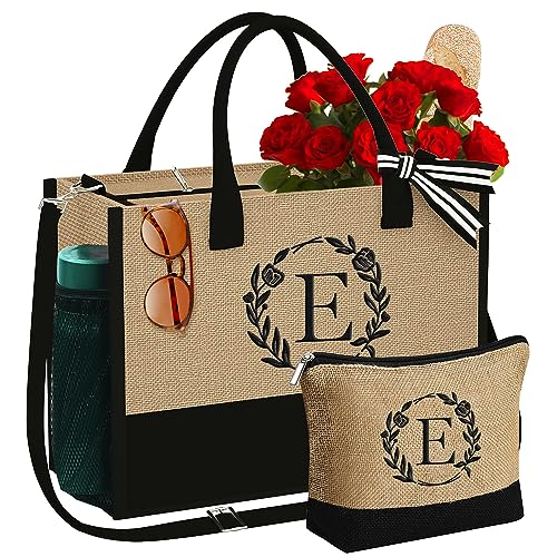 YOOLIFE Personalized Gifts for Women - Initial Jute Tote Bag & Makeup Bag, Birthday Gifts for Women Mom Wife Teacher Friend