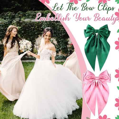 2 Pcs Witch Hair Accessories for Women Satin Pink and Green Hair Bow Clips with Long Tails and Metal Clips Bow Accessories for Princess Witch Birthday Party Decorations