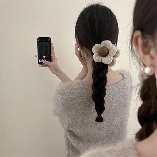 Flower Hair Clips for Women Girls Cute Kawaii Fluffy Claw Clip for Long Curly Thick Thin Hair Brown Medium Plastic Jaw Claw Clips Strong Hold Hair Catch Clamps Barrettes Headwear Hair Styling Clips