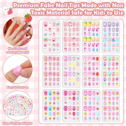 288 Pieces Kids Nails Press ons for Girls, Acejoz Fake Nail Set Pre Glue Stick on Short Nails for Children Little Girls 8-12