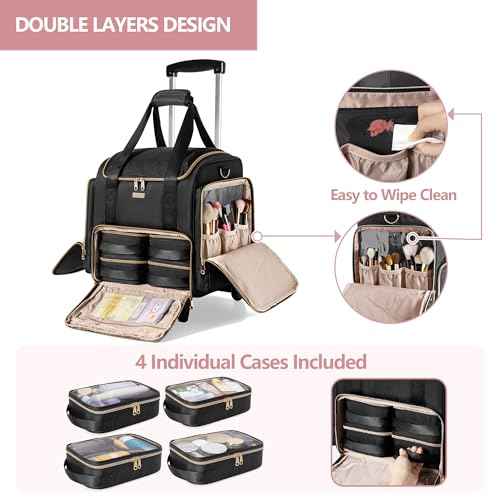Rolling Makeup Case with 4 Removable Bags, Professional Makeup Train Case with Wheels, Makeup Artist Travel Bag with Brushes Storage Section, Black (Patent Design)