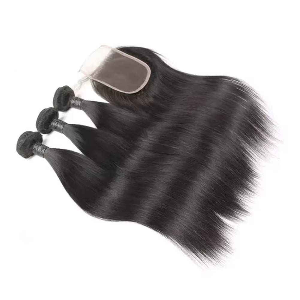 Human Hair Bundles with Closure Straight Bundles Human Hair with Lace Closure 22 20 18 +16 inch 5x5 Lace Closure Straight Human Hair 3 Bundles Hair Extensions for Woman