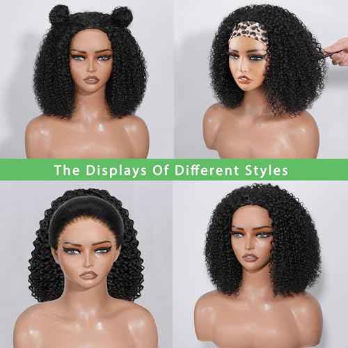 ZIYU Half Wig Human Hair - 200% Density Wear Go Glueless Wigs Human Hair 12 Inch Kinky Curly 3 In 1 Half Wig for Women Drawstring Seamless Flip Over Headband Wig Beginner Friendly
