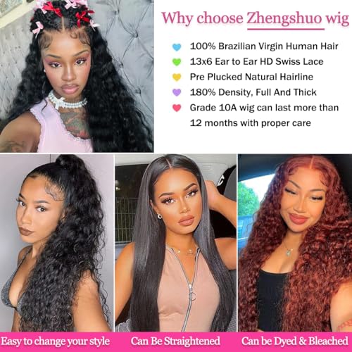 13x6 Deep Wave Lace Front Wigs Human Hair 200% Density Human Hair Wig Pre Plucked 13x6 HD Transparent Lace Front Wigs for Women 18 Inch