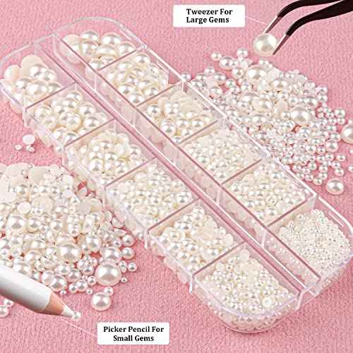 2700 Pcs Flat Back Pearls Kits, 1 Box of Flatback White+1 Box of Beige Small Half Round Pearls with Pickup Pencil and Tweezer for Nail Art Face Makeup Graduation Cap Decorations DIY and Craft