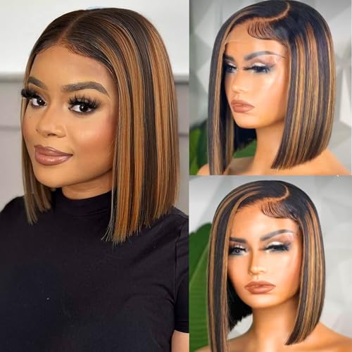 Straight Highlight Ombre Bob Wig Human Hair 4x4 Lace Front Wigs 1b/30 Colored Highlights Honey Blonde Lace Closure Wigs Glueless Pre Plucked Hairline 180% Density Bob Wigs for Women 14 Inch