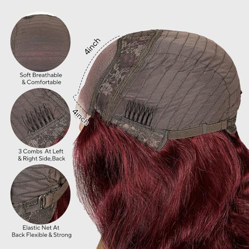 SUPERNOVA 99J Burgundy Lace Front Wigs Human Hair 4x4 HD Body Wave Wigs with Baby Hair 180% Density Red Wine Colored Wigs for Women 16 Inch