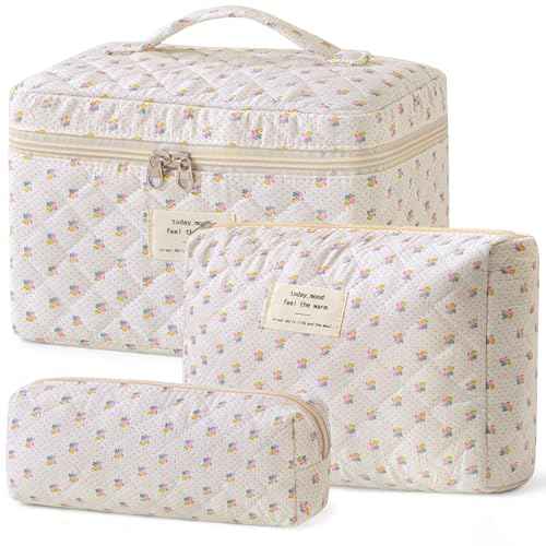HBselect Quilted Makeup Bag, 3PCS Cotton Large Travel Makeup Bag, Cute Floral Coquette Make up Bag Cosmetic Bag Toiletry Bag for Women Girls