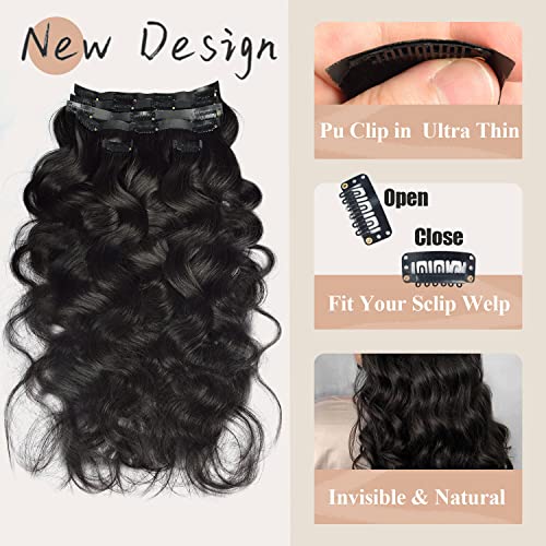 Body Wave Clip in Hair Extensions Real Human Hair Clip ins 100% Brazilian Virgin Hair PU Seamless Clip in Hair Extensions Human Hair Natural Black Hair for Women 120 Gram 6 Pcs 22Inch