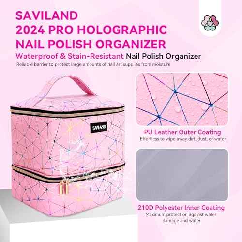 SAVILAND Nail Polish Organizer Bag: PU Leather Nail Polish Storage Organizer Holds 30 Bottles & Nail Lamp, Nail Polish Holder Travel Carrying Case Box Nail Tech Organizer Storage Bag for Nail Supplies