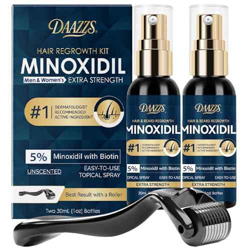 5% Minoxidil Hair Growth for Men and Women Spray Kit : Regrowth Topical Solution for Beard - Extra Strength Treatment Serum with Biotin for Hair loss & Thinning - 2PCS