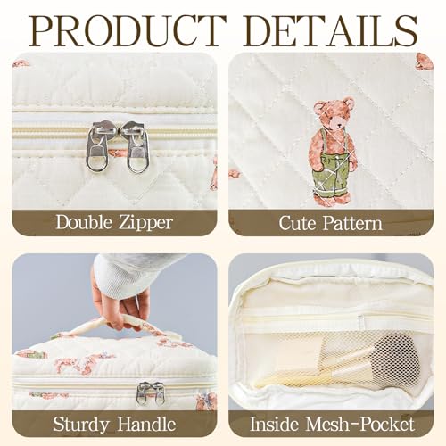 3Pcs Quilted Makeup Bag for Women, Large Travel Makeup Bag Set, Cute Aesthetic Cosmetic Bags, Floral Cotton Makeup Pouch Coquette Toiletry Organizer Bag