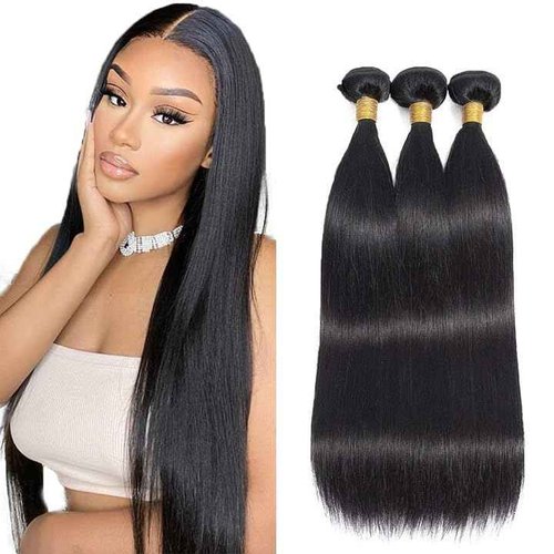 Wahairse Human Hair Bundles 24 26 28 Inch 1B Straight Bundles Natural Color Human Hair Unprocessed Brazilian Virgin 3 Bundles Quick Weave Human Hair Extensions (1B# Straight, 24 26 28)