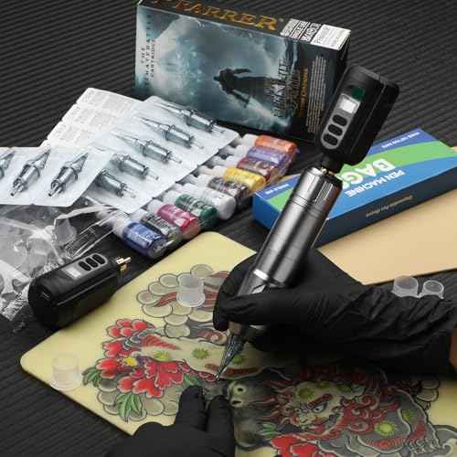 PFARRER Tattoo Gun Kit Wireless Tattoo Pen Machine with 2 Tattoo Batteries, 20 Tattoo Cartridge Needles,10 Tattoo Ink Color Set, Complete Tattoo Accessories EKP650-7