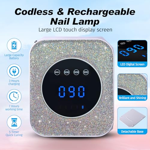 Belovedone UV Light for Gel Nails 72W Cordless LED Nail Lamp Gel Polish Dryer 4 Timer Modes Rechargeable Bling Silver Diamond Rhinestones for Salon & Home