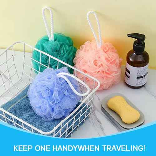 Loofah Sponge Shower Loofahs Bath Sponges Mesh Balls for Women Men Bathing Accessories Body Wash Back Scrubber 50g Soft Pouf Body Scrubber Loofahs Puff Pack, Exfoliate, Cleanse, Soothe Skin (4 Colors)