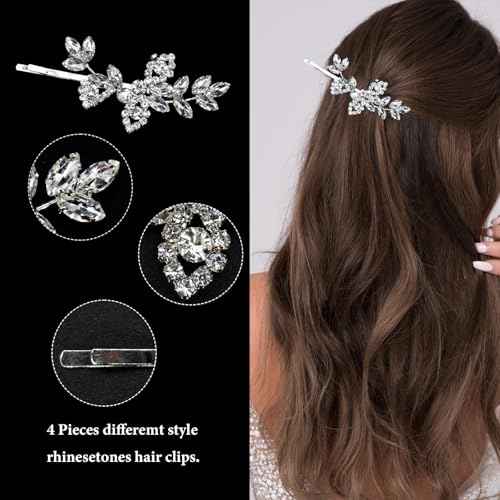 4 Pieces Rhinestone Hair Clips Leaf Wedding Hair Pins Crystal Bobby Pins Silver Bridal Hairpin Barrette for Brides Bridesmaids Flower Girls