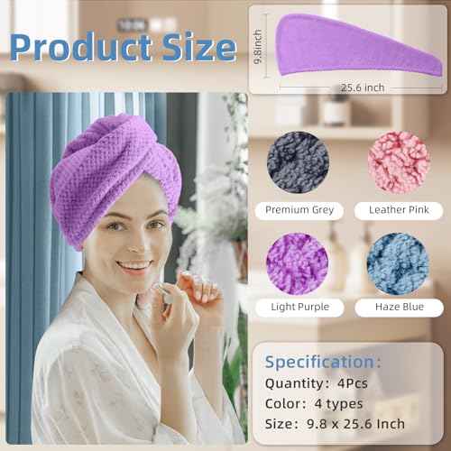Hair Towel Wrap, 4 Packs 9.8 x 25.6 Inch Towel Turbans for Wet Hair, Dry Hair Towel, Headbands for Curly and Long Hair - Bathroom Must-Have for Ladies
