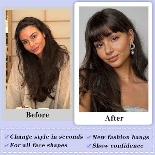 NAYOO Bnags Hair Clip- Dark Brown Fake Bangs 100% Real Human Hair Extensions Wispy Bangs for Women Fringe with Temples Hairpieces Curved Bangs for Daily Wear£¨Dark Brown Wispy Bangs£©