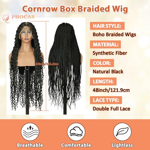 PHOCAS Boho Braid Wig 48'',Knotless Braided Wigs Natural Black,Curly Ended Double Full Lace Box Braids Wig for Women