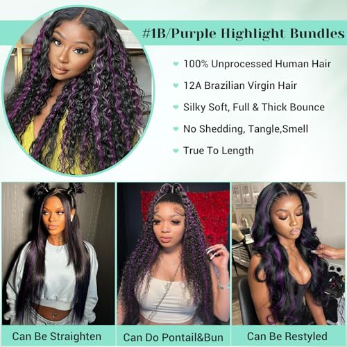 Black Mix Purple Water Wave Bundles Human Hair 12 14 16 Inch 12A Highlight Purple Ombre Wet and Wavy Human Hair Bundles 100% Unprocessed Brazilian Virgin 3 Bundles Human Hair Extensions for Women