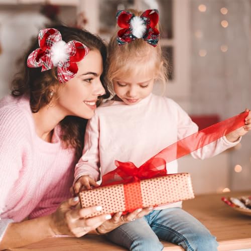 2PCS Christmas Hair Bows for Girls Large Bow Hair Barrette Clip Christmas Bow Clips for Toddler Baby Christmas Plaid Hair Bow Handmade Snowflakes Bowknot Hairpins Kids Hair Accessories(Style A)