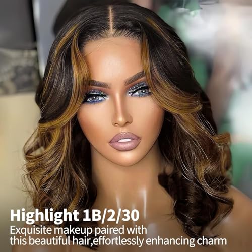 Tinashe Highlight Bob Wig Human Hair Wear and Go Glueless Wigs Human Hair Pre Plucked Pre Cut 180% Body Wave 5x6 Lace Front Short Bob Wigs Human Hair for Black Women-Highlight 1B/2/30,12inch