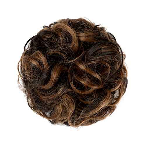 2 PCS Messy Bun Hair Piece Wavy Curly Hair Bun Scrunchies Extensions Synthetic Chignon Thick Updo Hairpieces for Women Girls(Dark Brown Mix Light Auburn)