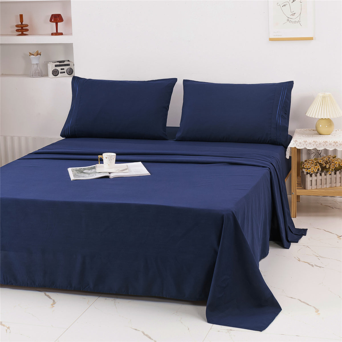 Embroidered Solid Color Bedding Set - Bed Sheets Pillowcases & Quilt Cover