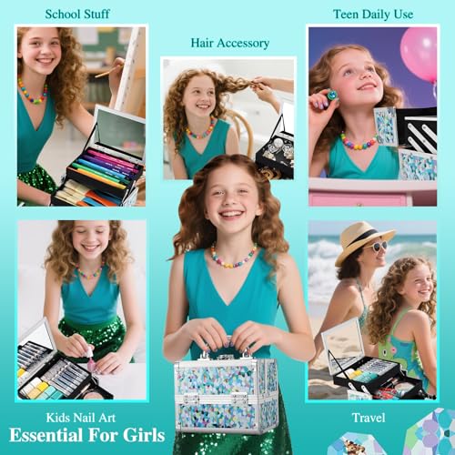 FRENESSA Makeup Case Train Case Portable Kids Makeup Box with Mirror Lock Box Travel Cosmetic Train Cases Hard Makeup Organizer for Girls Nail Craft Storage Vanity Mosaic Puzzle