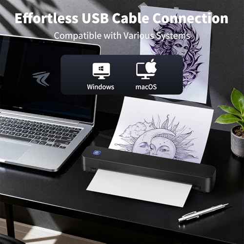 Professional Tattoo Stencil Printer - Bluetooth Wireless Thermal Transfer Printer Machine for Tattooing, Includes 10pcs Transfer Paper, Compatible with Tablet & Smartphons & PC, Black